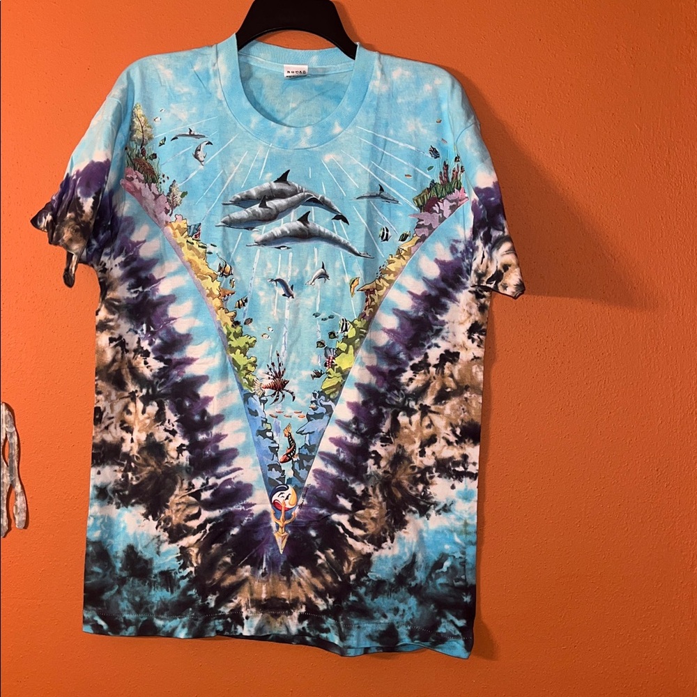Vintage New Liquid Blue underwater Ocean Dolphin tie-dye Tshirt L John Connell